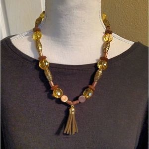 Pretty Yellow & Brown Tassel Statement Necklace